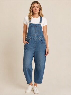 Big Waterblue Sky Women’s Large Denim Overalls Barrel Leg Adjustable Straps